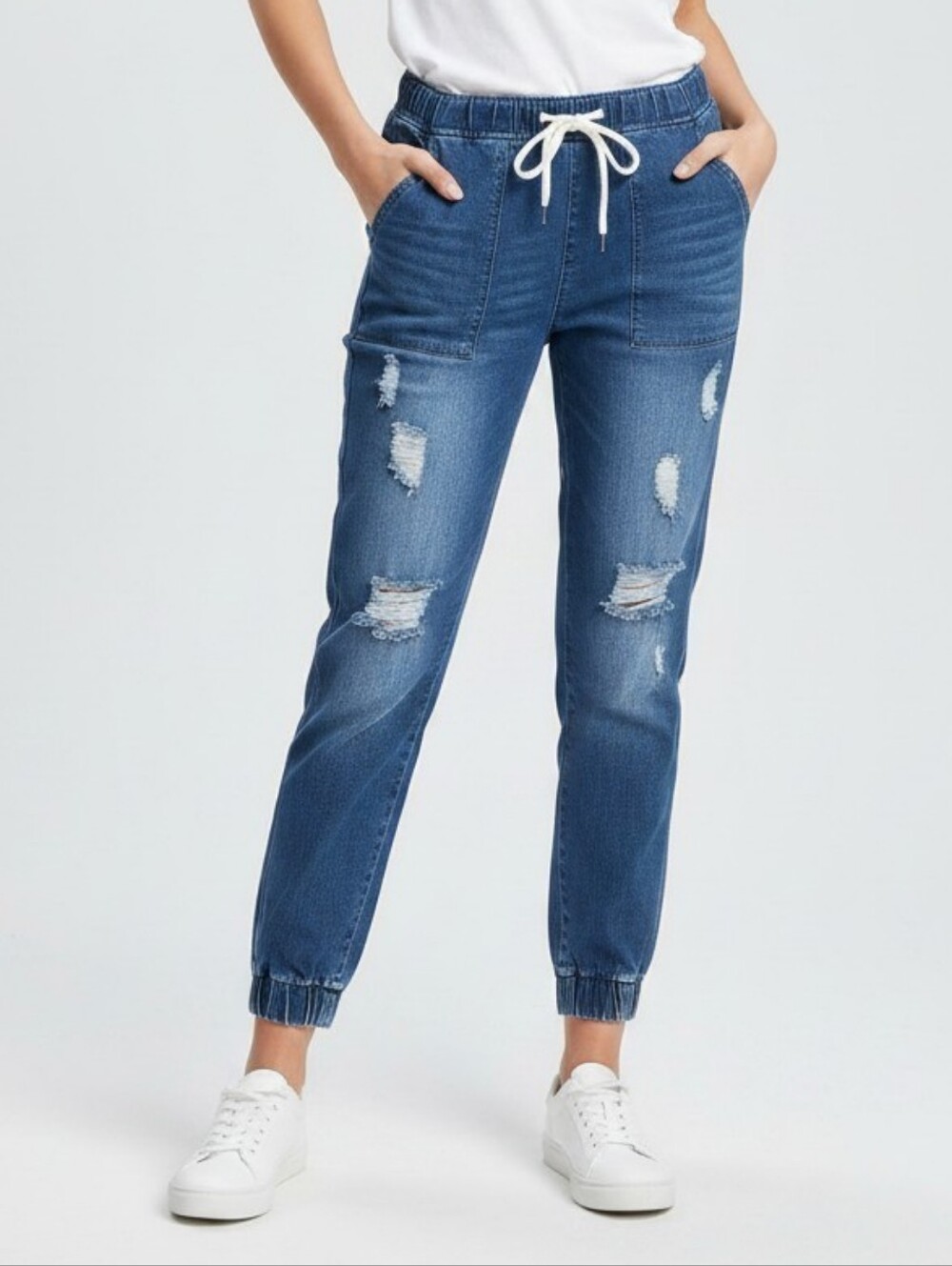 Relaxed Drawstring Jogger Jeans for Women in Denim Blue